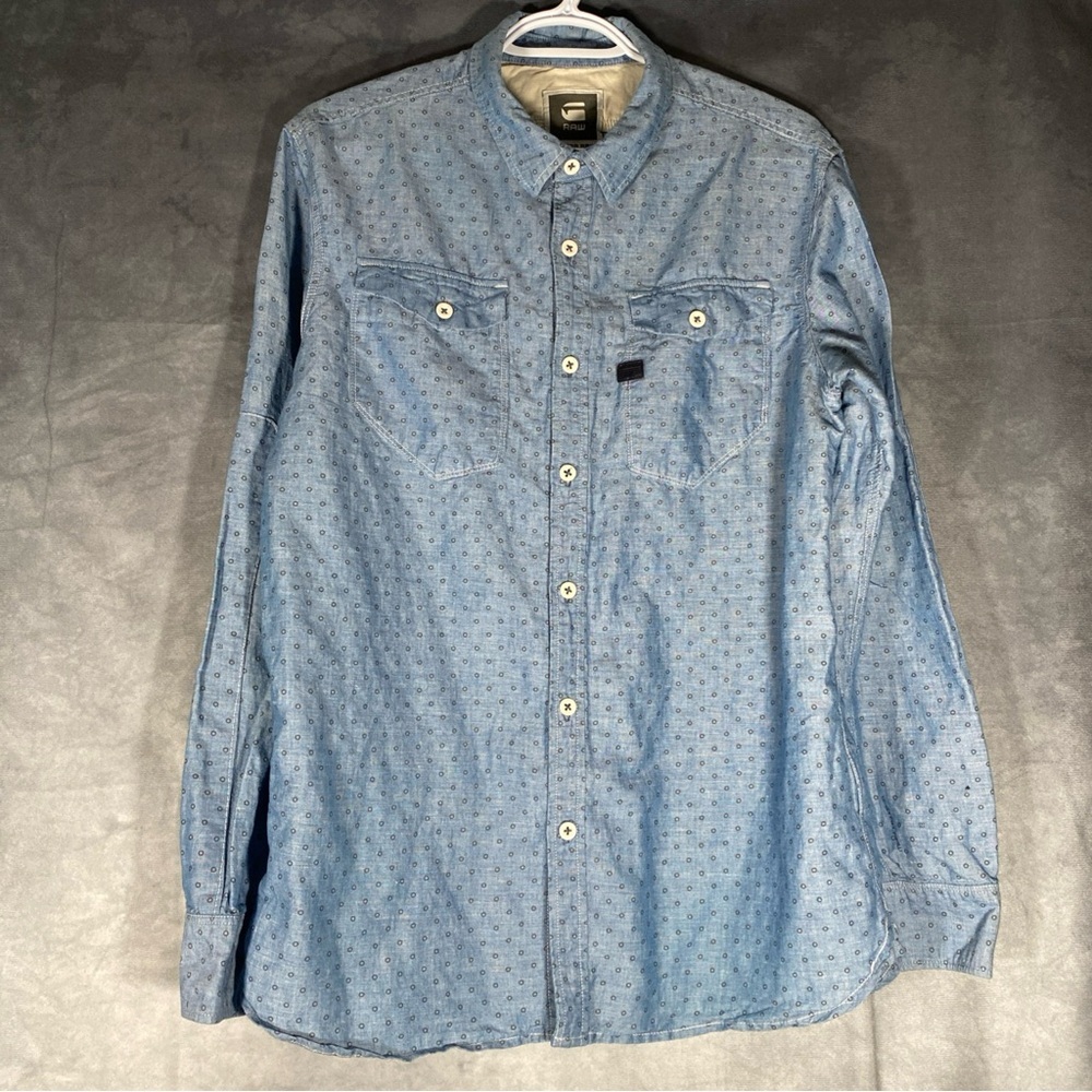 G Star Raw Denim Mens XL Casual Blue Chambray Button Down Shirt Dual Pocket